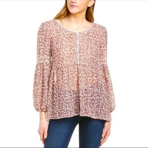 Max Studio sheer floral Bubble sleeve crepe boho button blouse size small